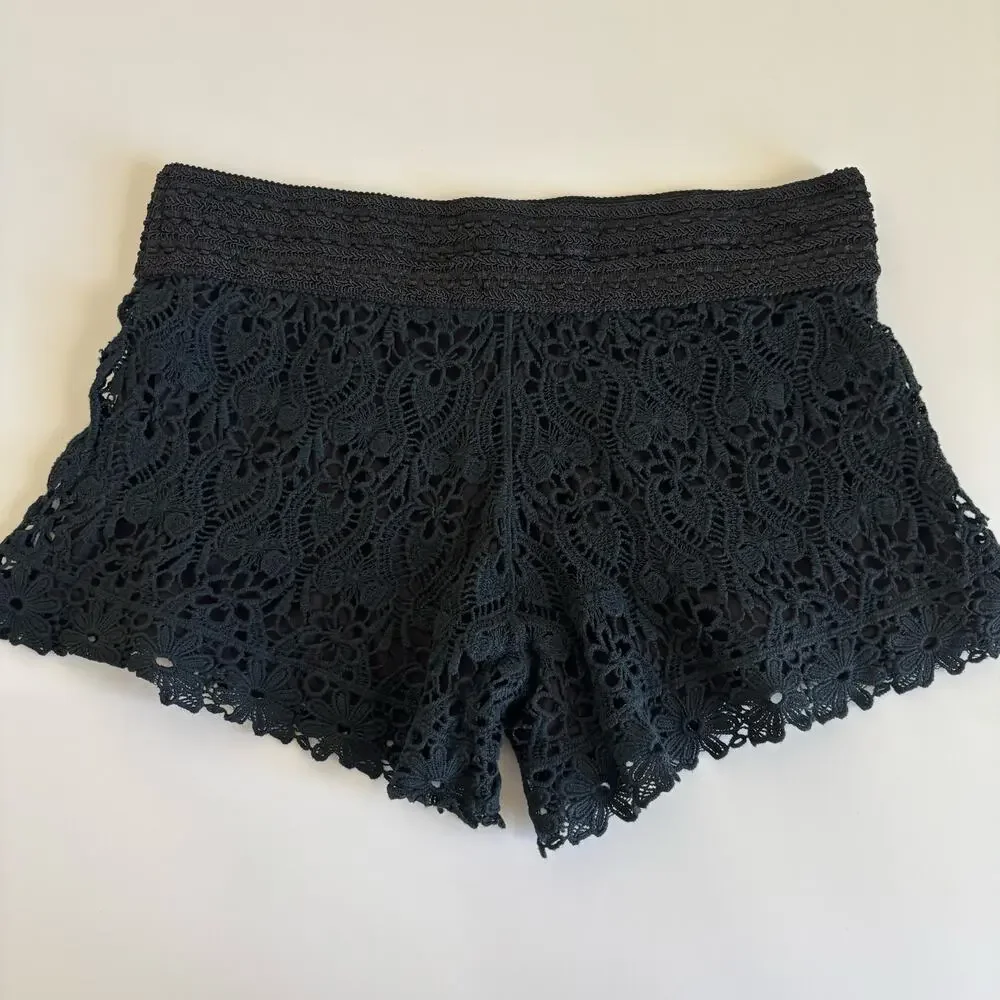 Breeze Ever Y2K Whimsygoth Black Crochet Floral Lace Stretch Cotton Shorts Large
